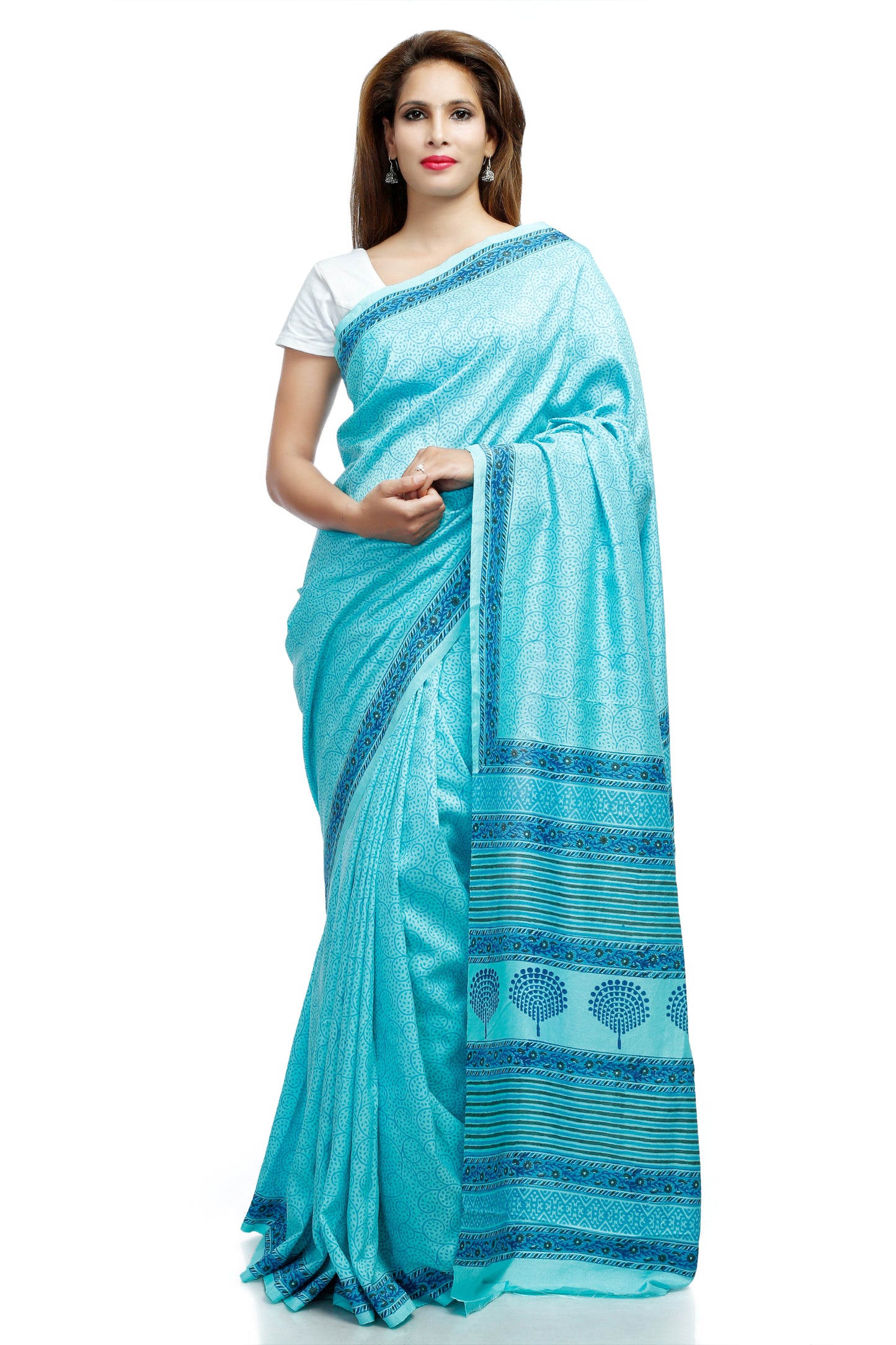 Pittora 'Arctic' Sanganeri Hand-Block Tafetta Silk Kozāja Saree