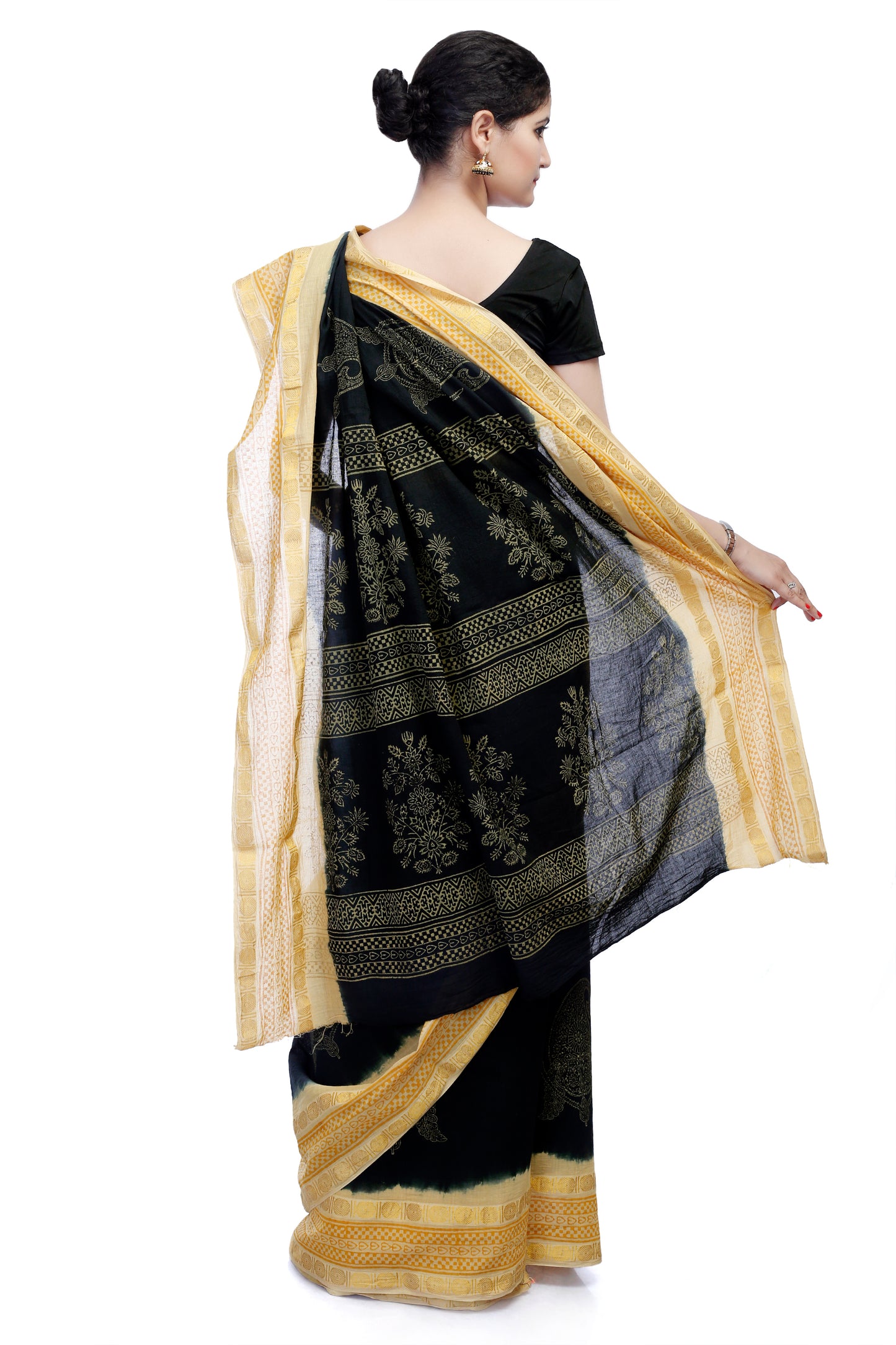 Pittora 'Soot' Sanganeri Hand-Block Print and Tie-Dye Fusion Mul Mul Karpāsa Saree with Zari Border