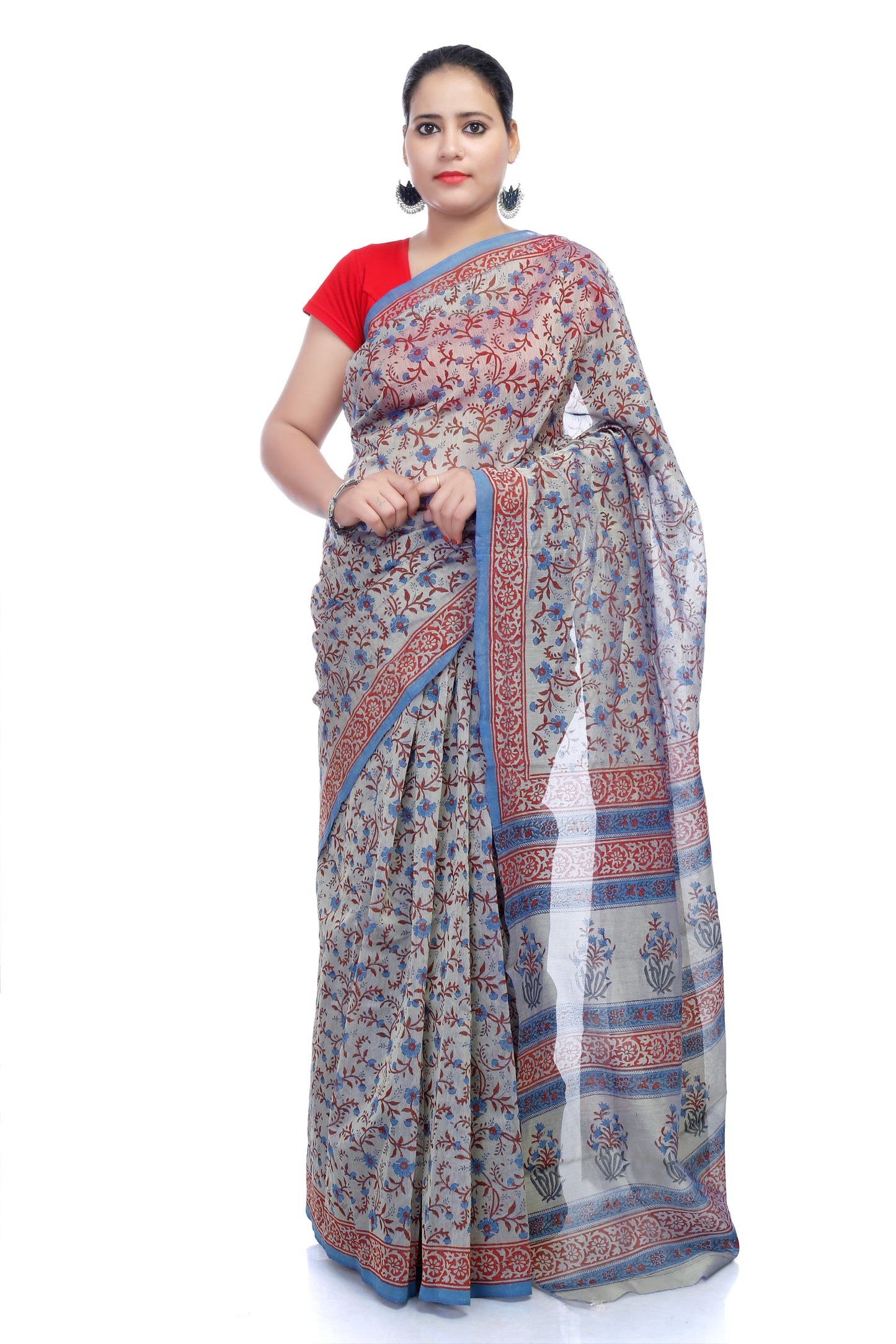 Pittora 'Dove' Sanganeri Chanderi Karpāsa Hand-Block Print Saree