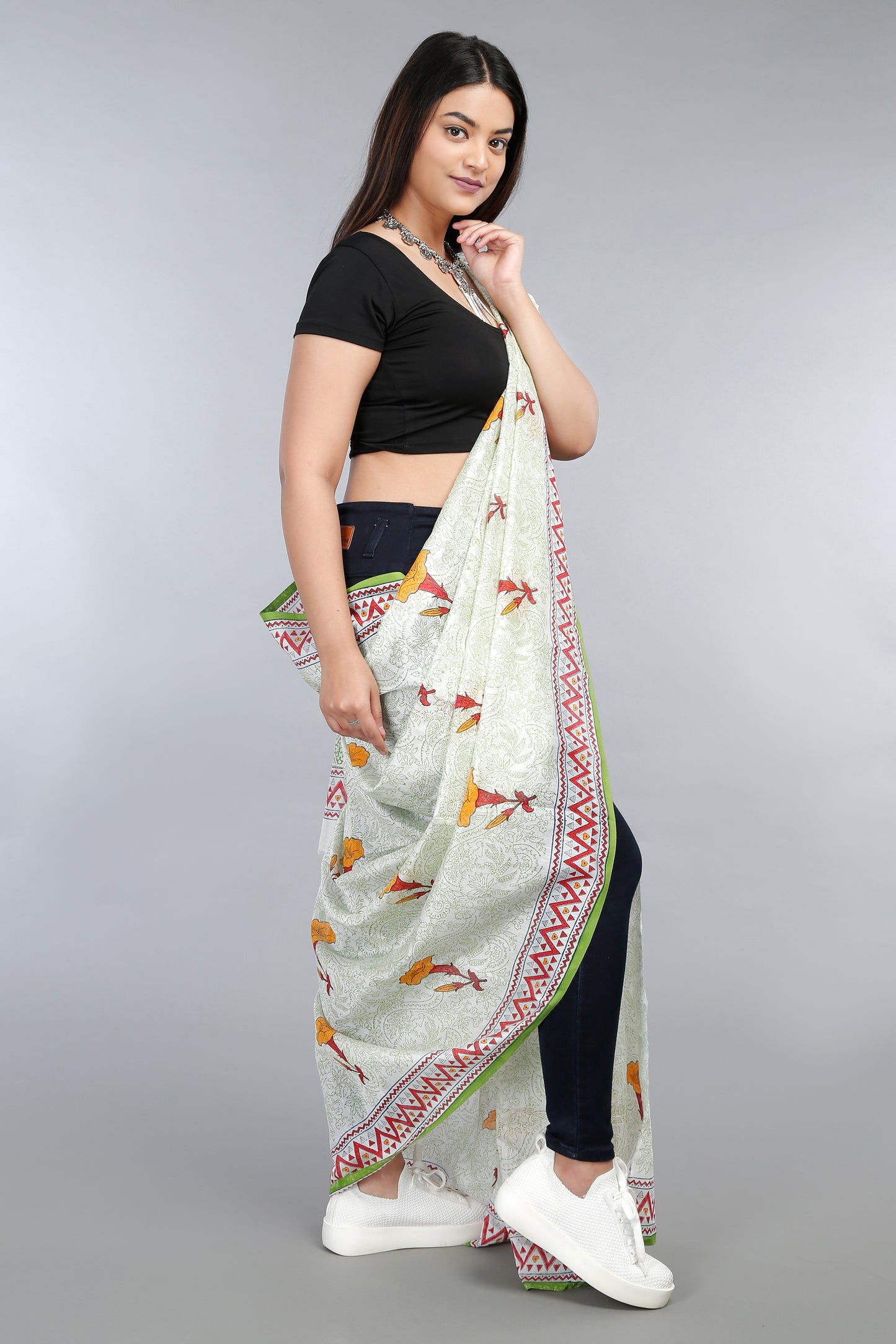 The ‘Basil Ruby’ Sanganeri Half Banarasi Silk Saree