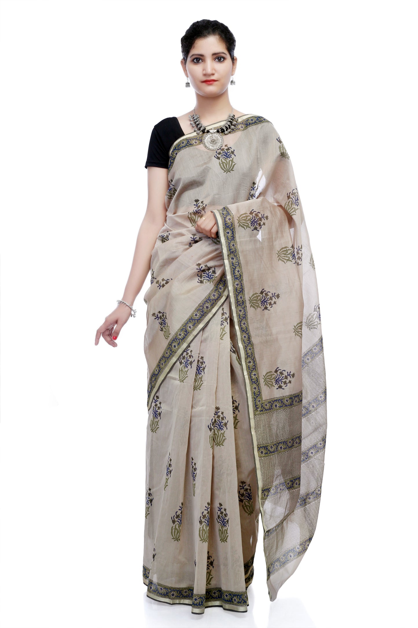 Pittora 'Fossil' Sanganeri Hand-Block Print Chanderi Silk Kozāja Saree  with Zari Border