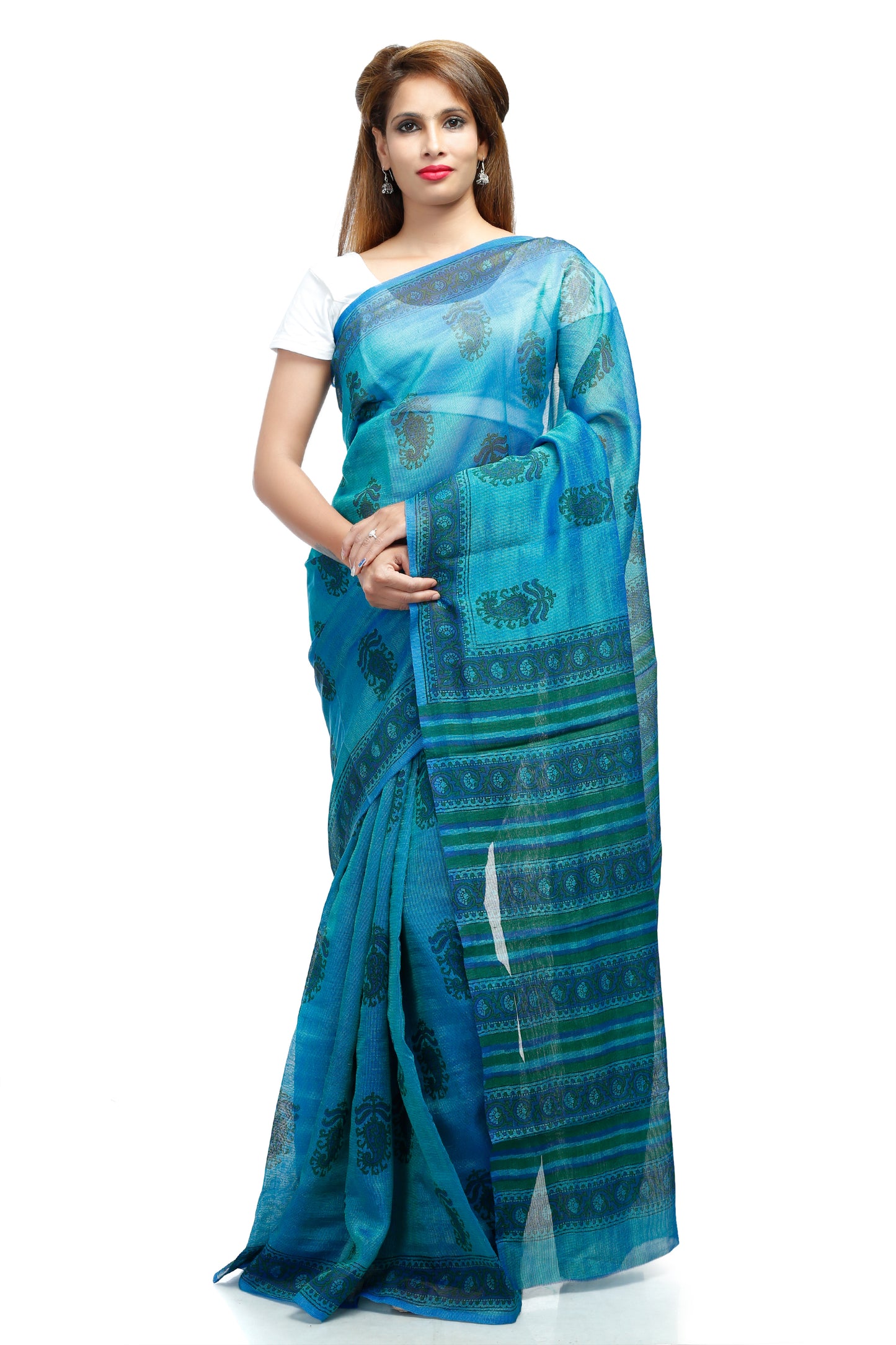 Pittora 'Aegean' Sanganeri Hand-Block Print Kota Munga Doria Silk Kozāja Saree