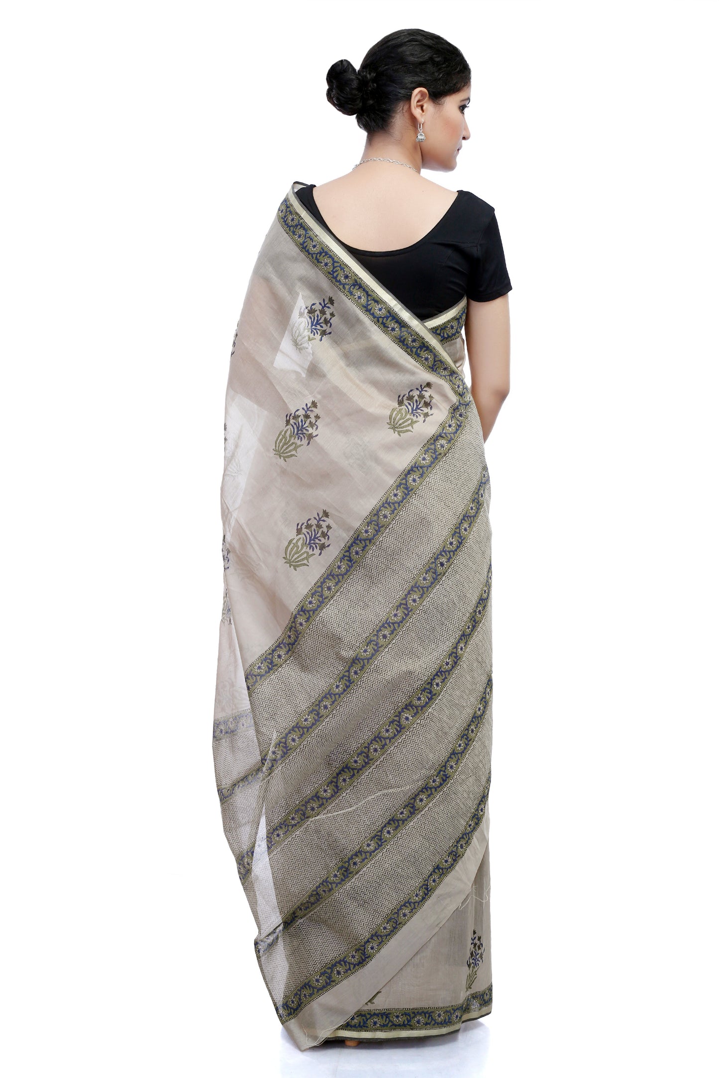 Pittora 'Fossil' Sanganeri Hand-Block Print Chanderi Silk Kozāja Saree with Zari Border