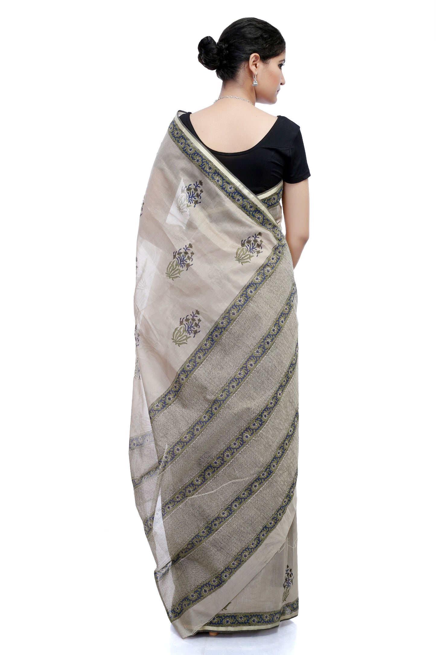 Pittora 'Fossil' Sanganeri Hand-Block Print Chanderi Silk Kozāja Saree  with Zari Border