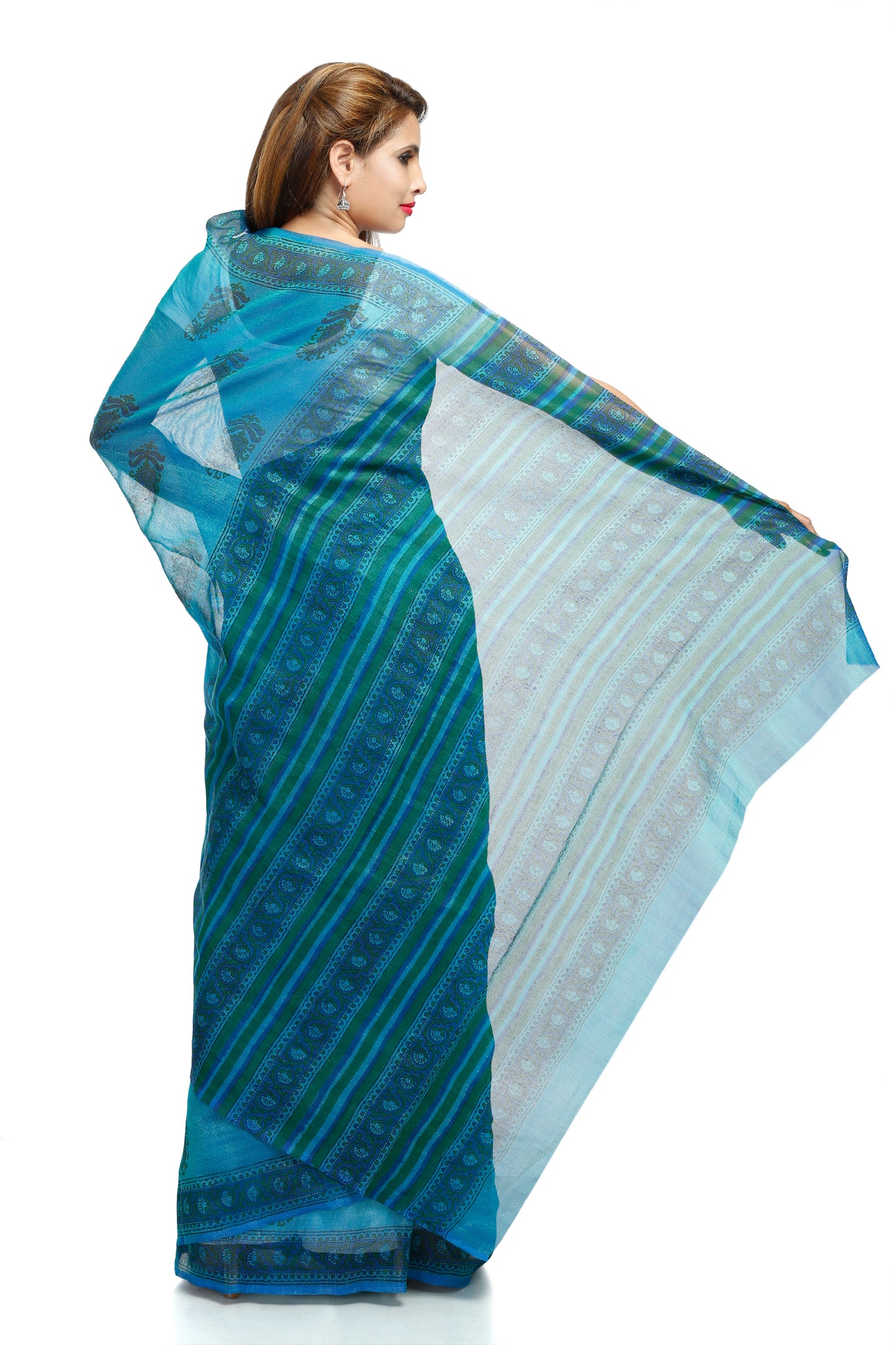 Pittora 'Aegean' Sanganeri Hand-Block Print Kota Munga Doria Silk Kozāja Saree