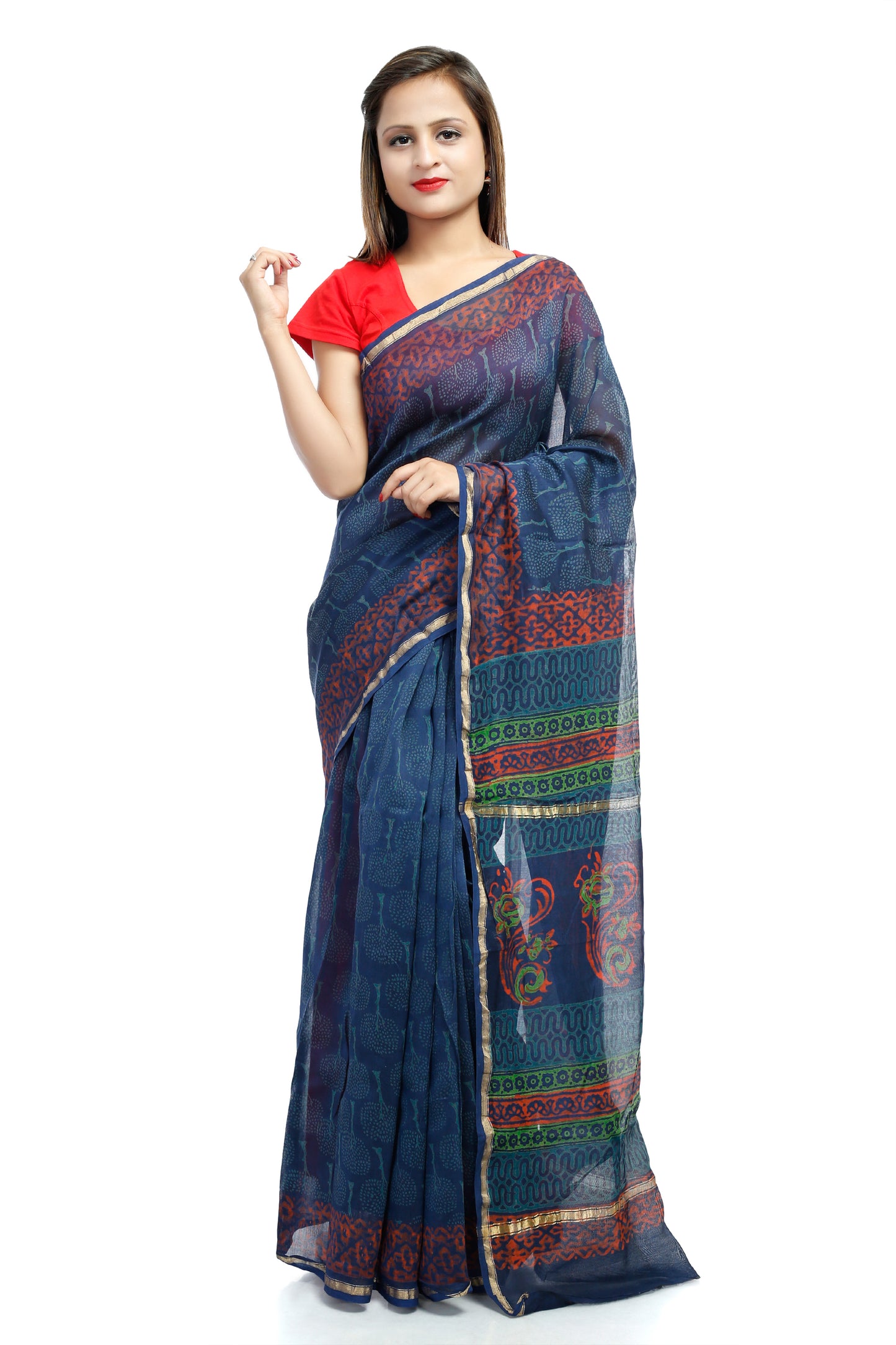 Pittora 'Lapis' Napthol Hand-Block Print Chanderi Silk Kozāja Saree with Zari Border