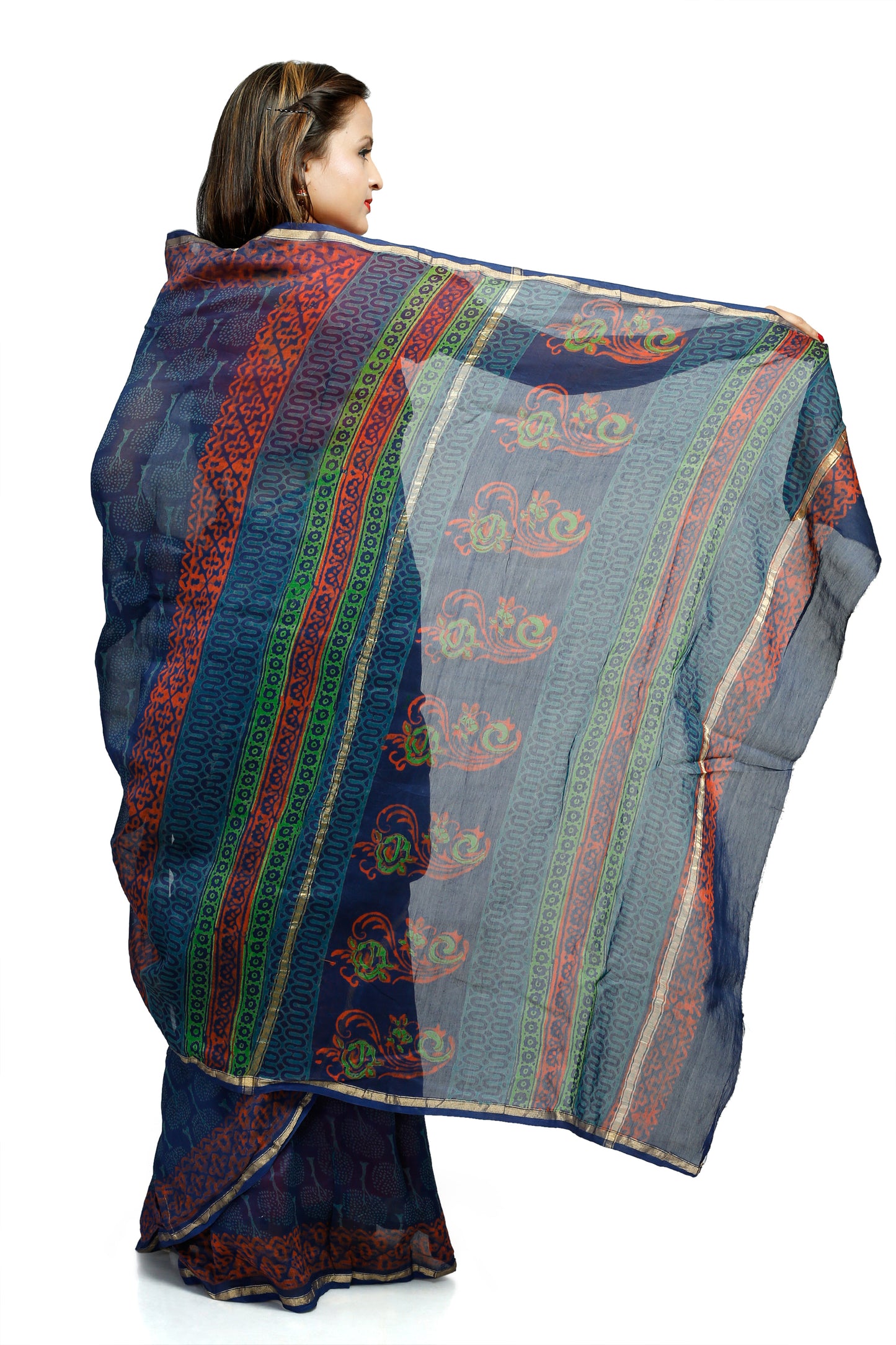 Pittora 'Lapis' Napthol Hand-Block Print Chanderi Silk Kozāja Saree with Zari Border