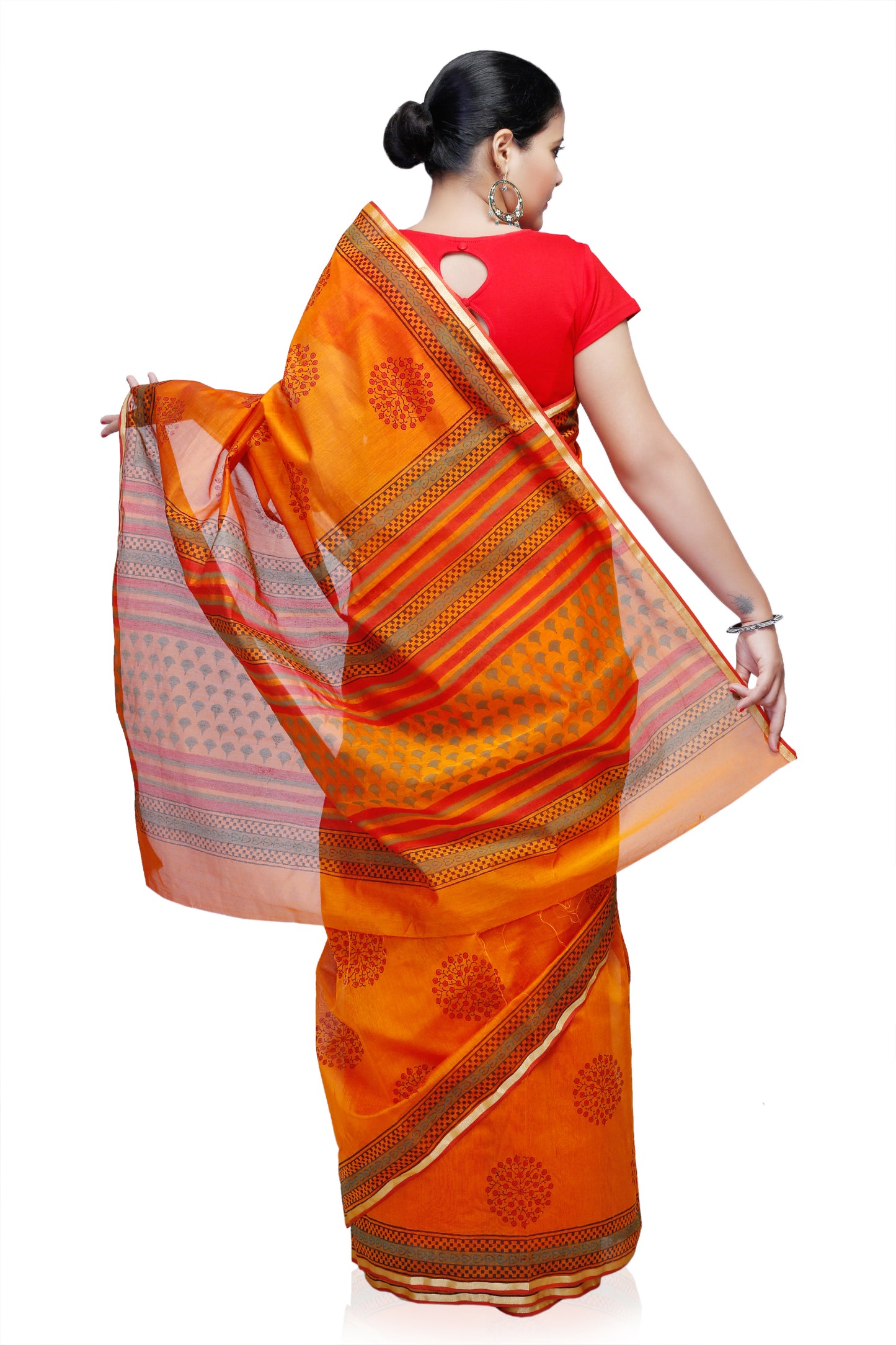 Pittora 'Tangerine' Sanganeri Hand-Block Print Chanderi Silk Kozāja Saree with Zari Border