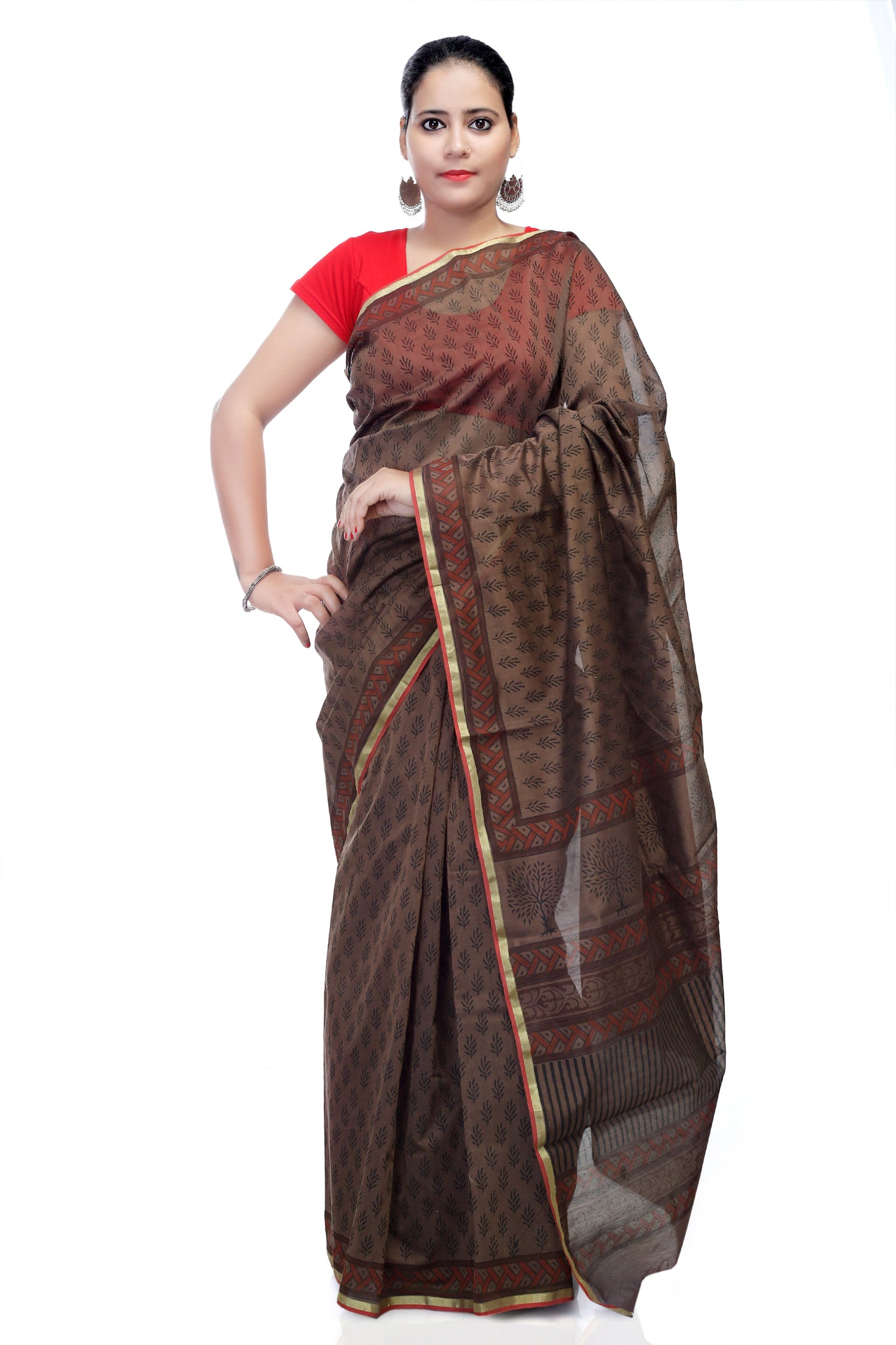 Pittora 'Carob'  Sanganeri Hand-Block Print Chanderi Silk Kozāja Saree with Zari Border