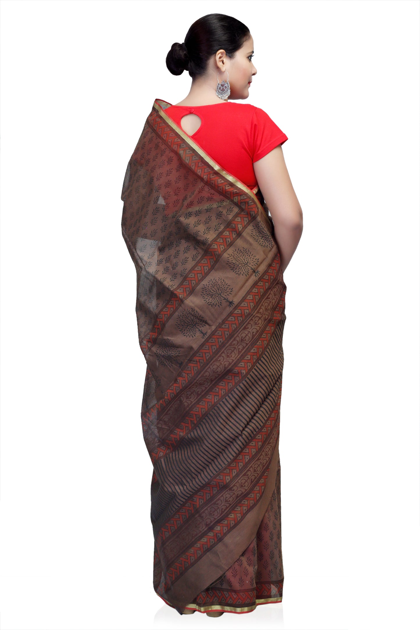 Pittora 'Carob' Sanganeri Hand-Block Print Chanderi Silk Kozāja Saree with Zari Border