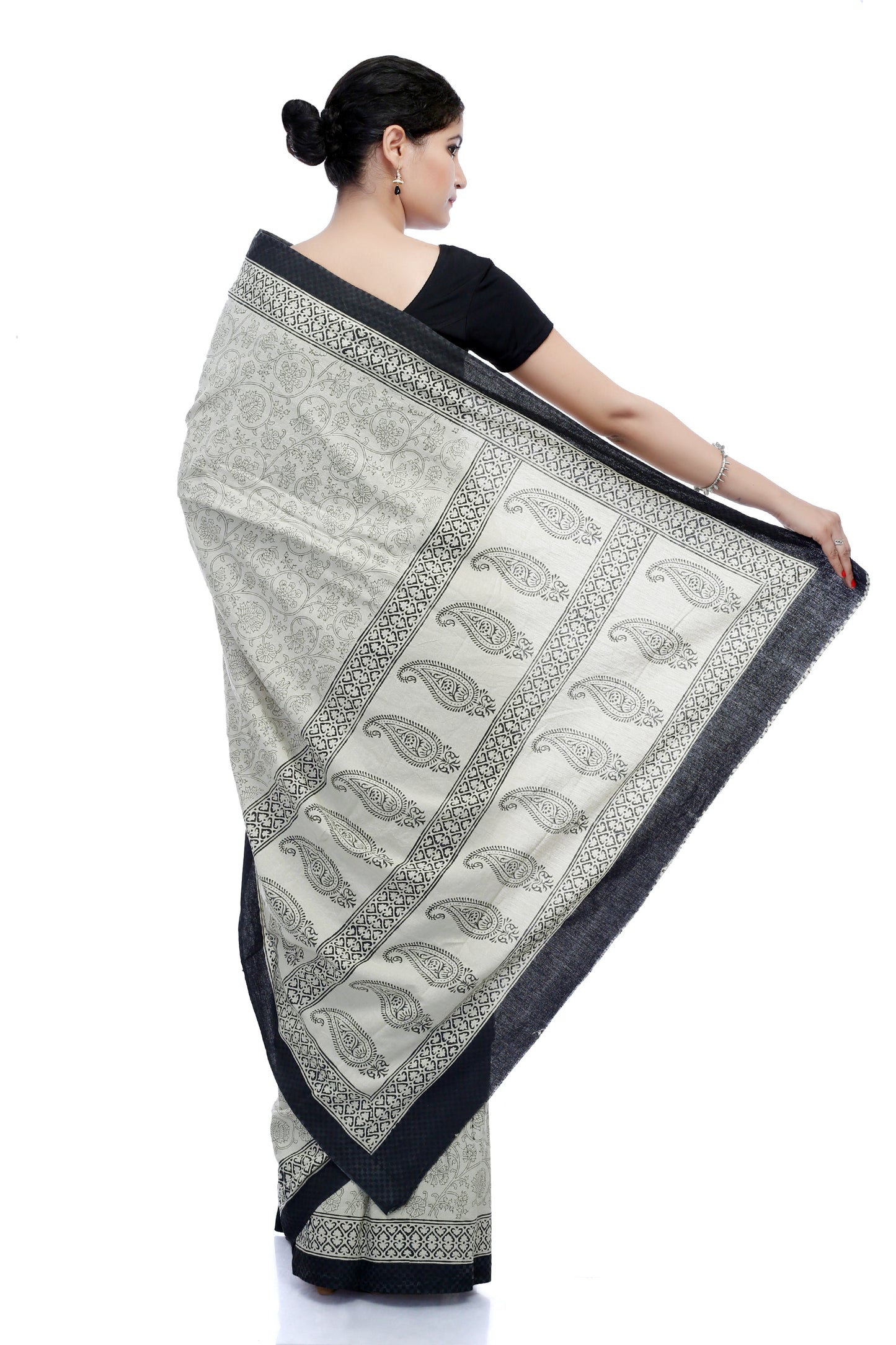 Pittora 'Tan' Sanganeri Hand-Block Print Denim Saree