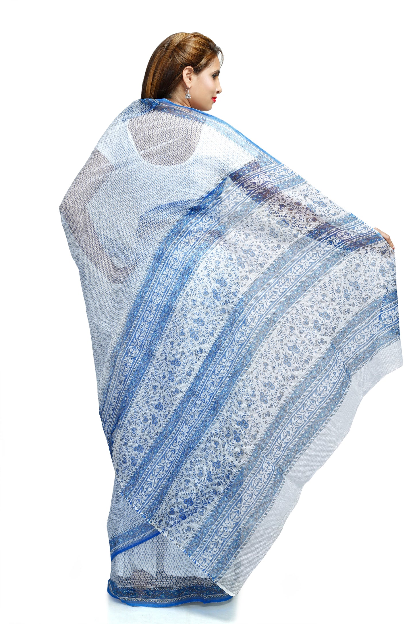 Pittora 'Sky' Sanganeri Hand-Block Print Cotton Kota Doria Karpāsa Saree