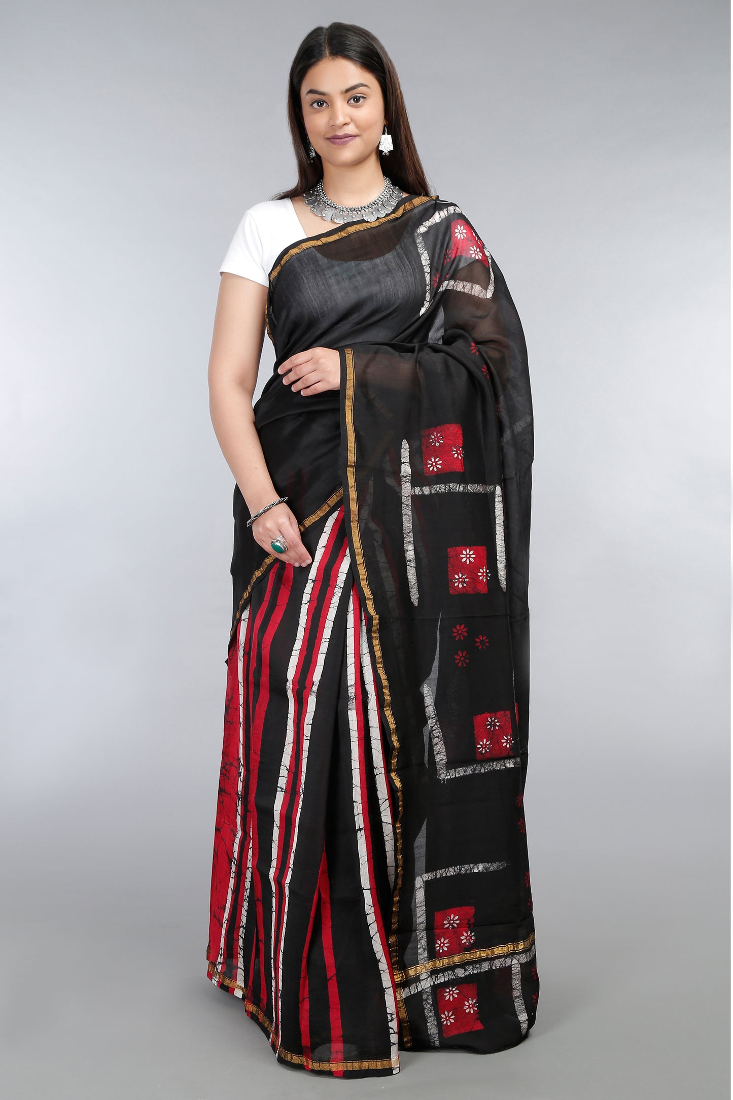 Pebble Red' Mom-Batik Hand Block Print Chanderi Silk Saree with Zari Border