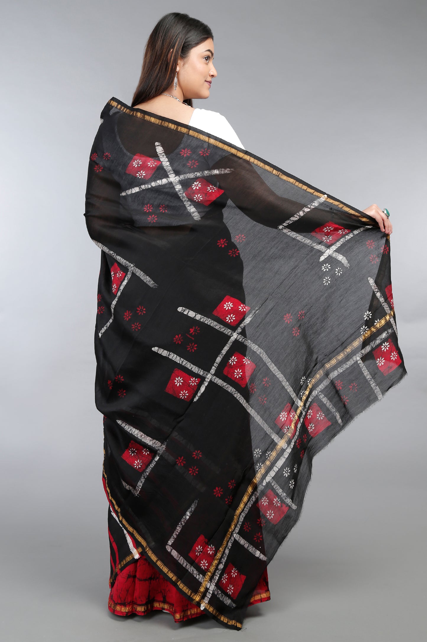 Pebble Red' Mom-Batik Hand Block Print Chanderi Silk Saree with Zari Border