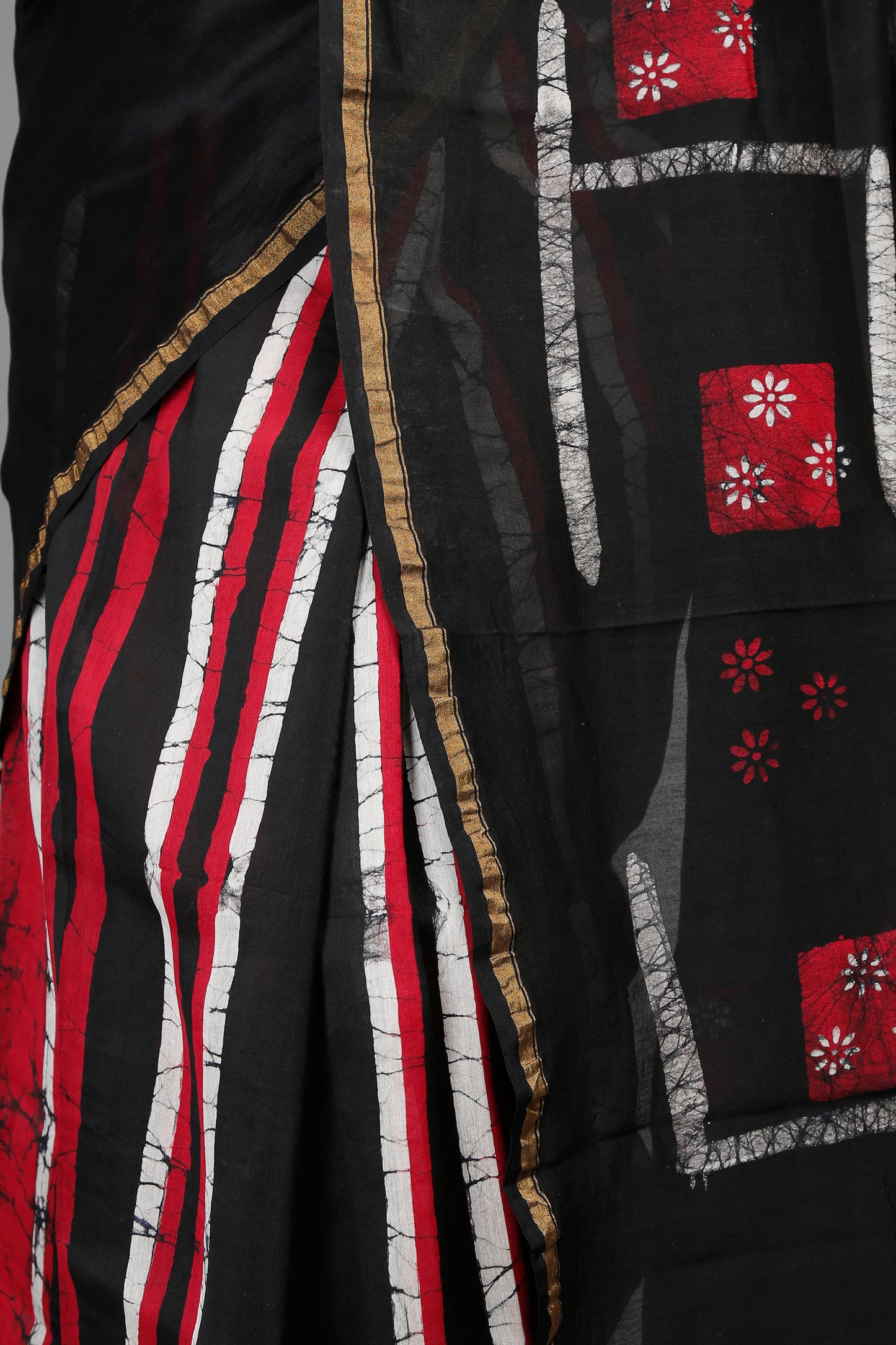 Pebble Red' Mom-Batik Hand Block Print Chanderi Silk Saree with Zari Border