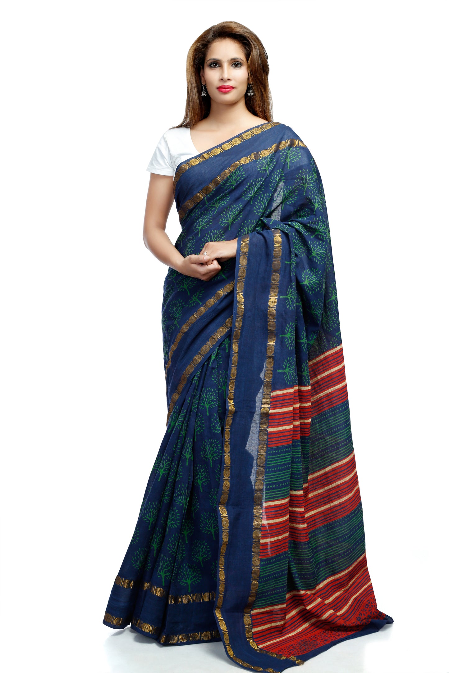 Pittora 'Admiral' Dabu Napthol Hand- Block Print Mul Mul Karpāsa Saree with Golden Zari Border