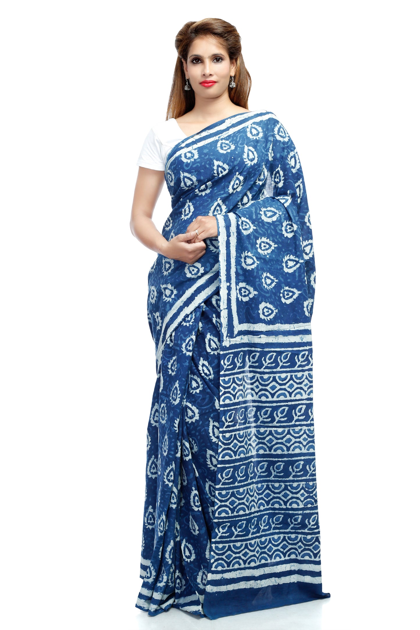 Pittora 'Berry' Indigo Dabu Hand-Block Print Karpāsa Saree