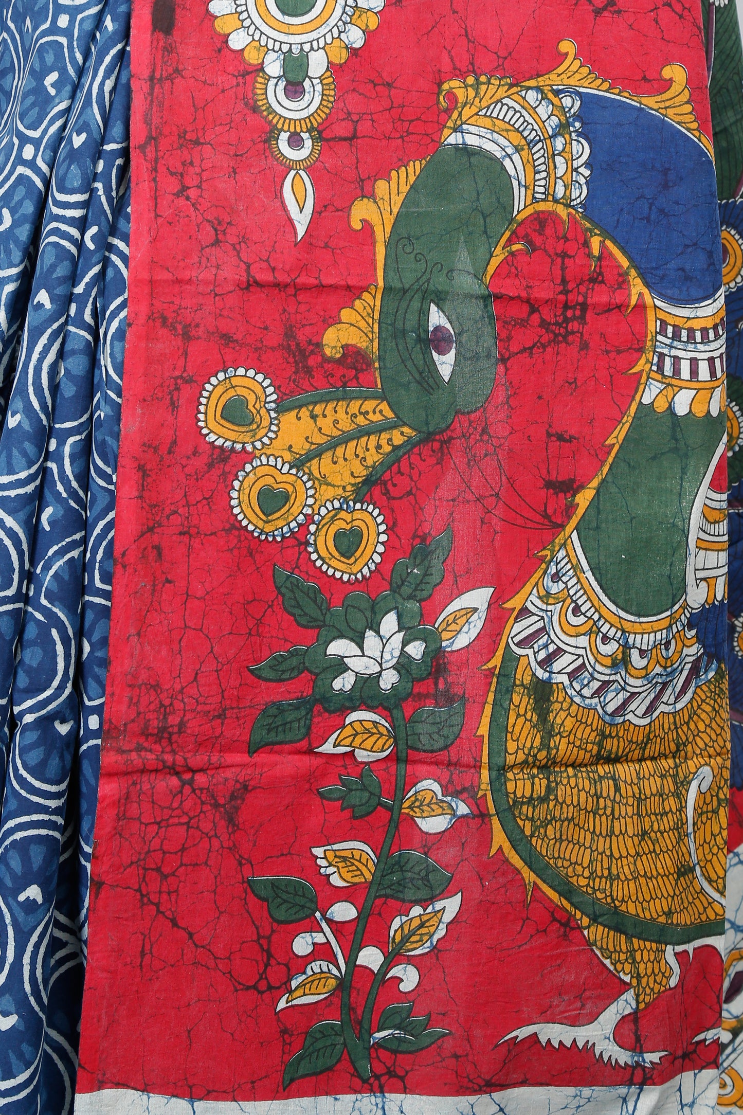 ‘Royal Cherry' Kalmkari Indigo Mul Mul Karpāsa Saree