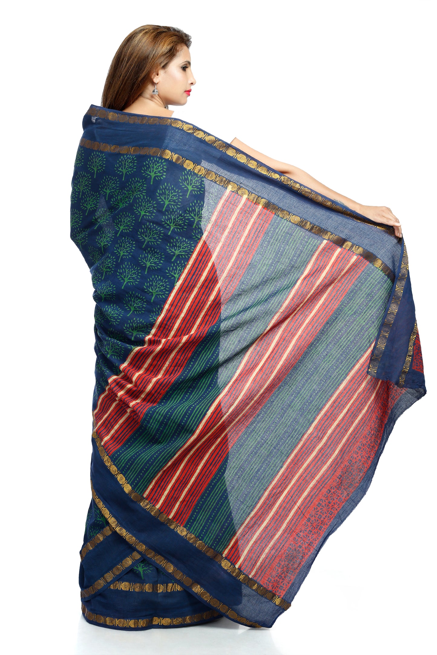 Pittora 'Admiral' Dabu Napthol Hand- Block Print Mul Mul Karpāsa Saree with Golden Zari Border