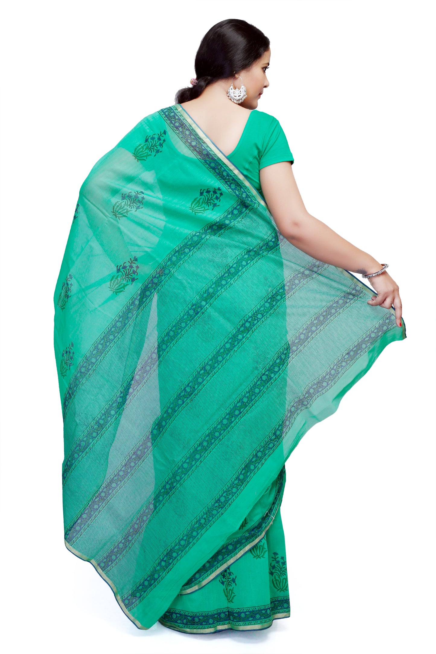Pittora 'Emerald' Sanganeri Hand-Block Print Chanderi Silk Saree Kozāja with Zari Border