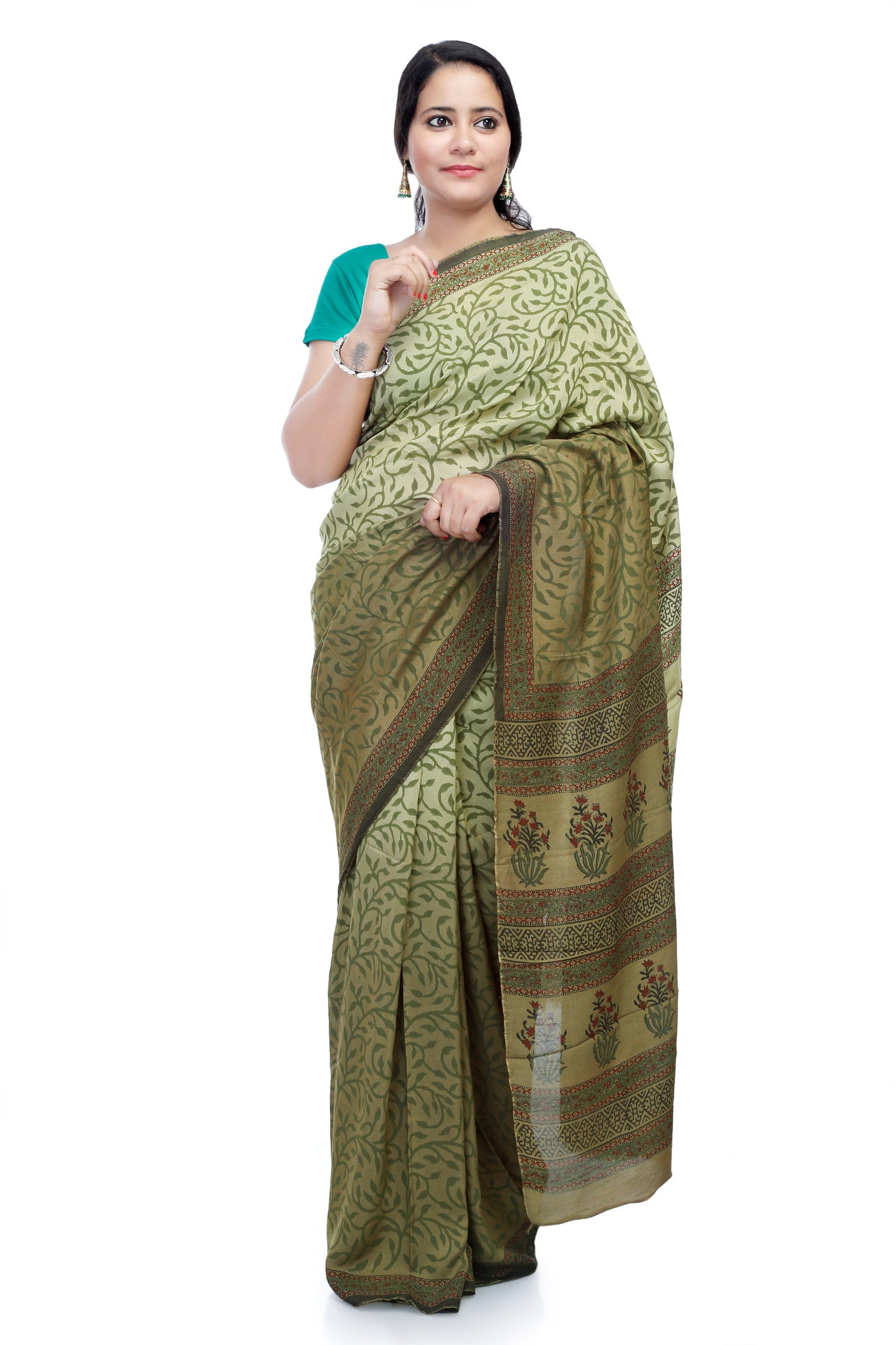 Pittora Dhoop-Chaav 'Sage' Sanganeri Hand-Block Print Tussar Georgette Saree