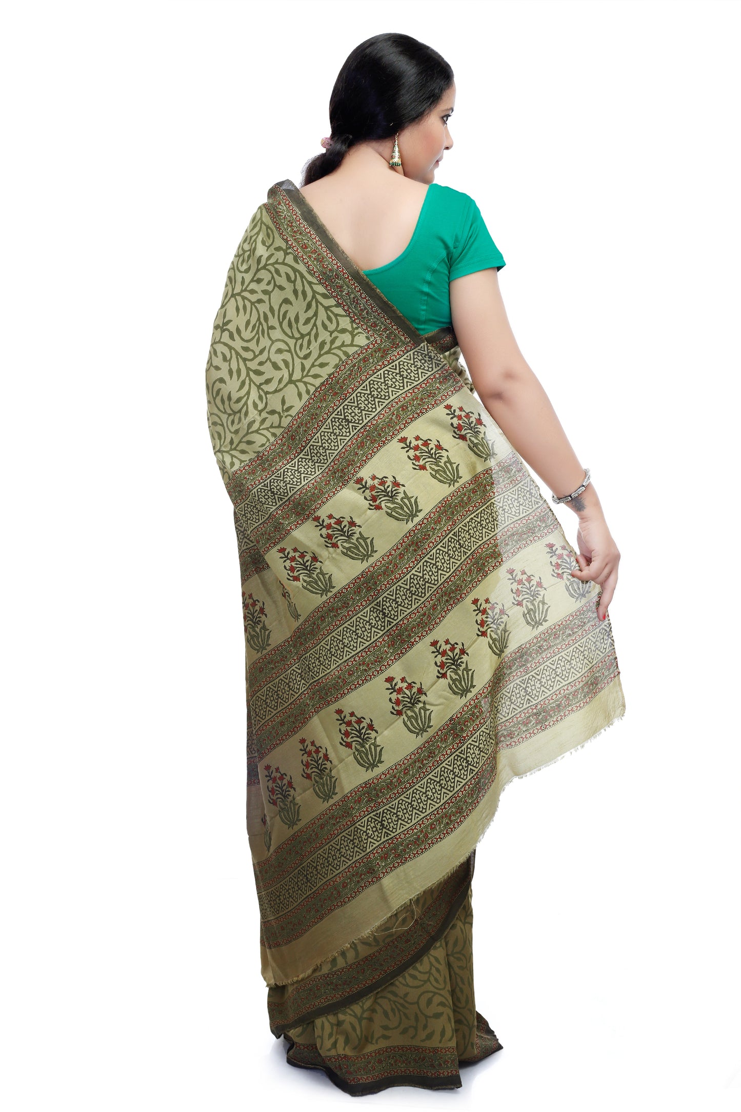 Pittora Dhoop-Chaav 'Sage' Sanganeri Hand-Block Print Tussar Georgette Saree