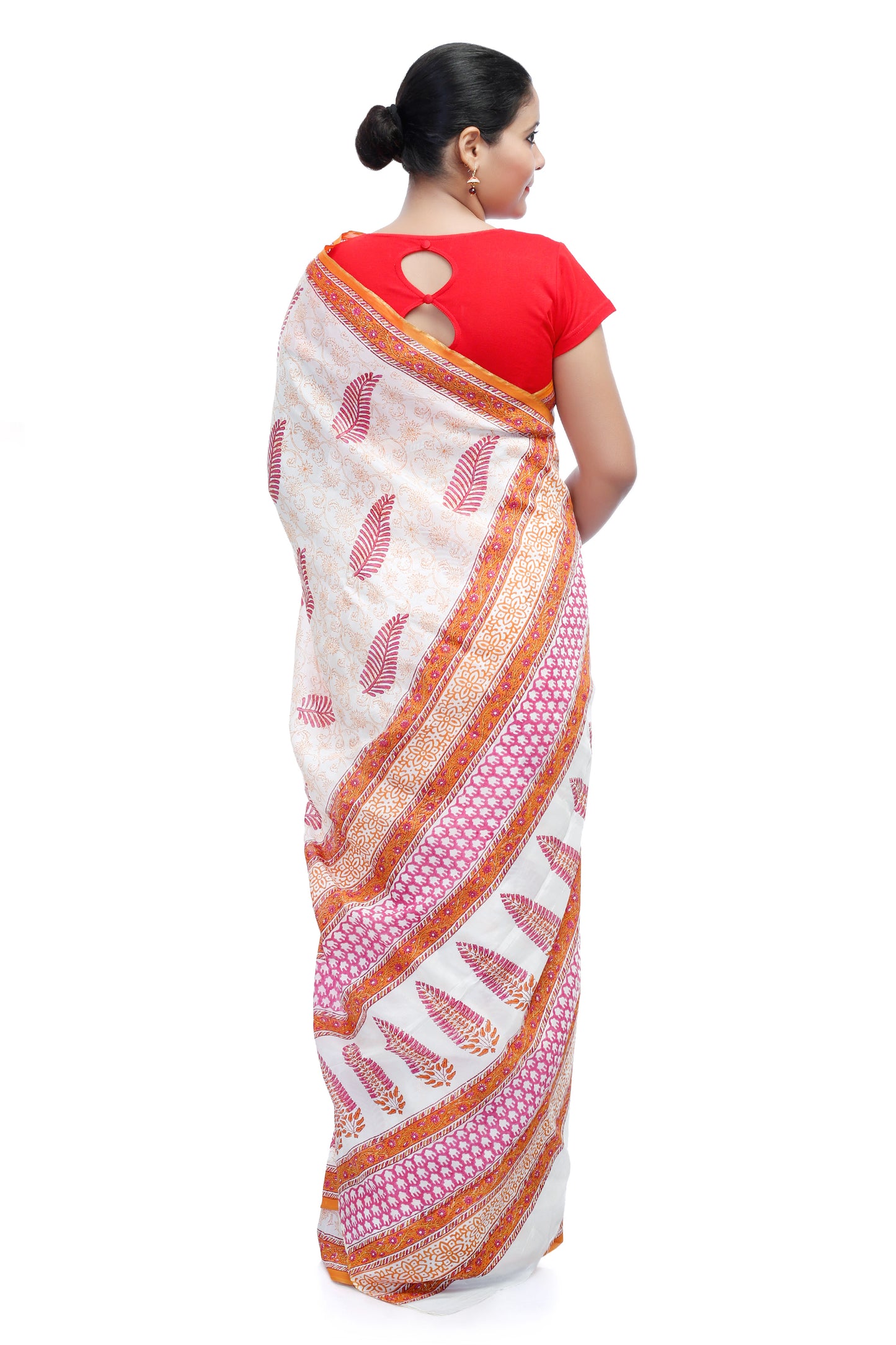 Pittora 'Porcelain' White Sanganeri Hand-Block Print Tussar Georgette Saree