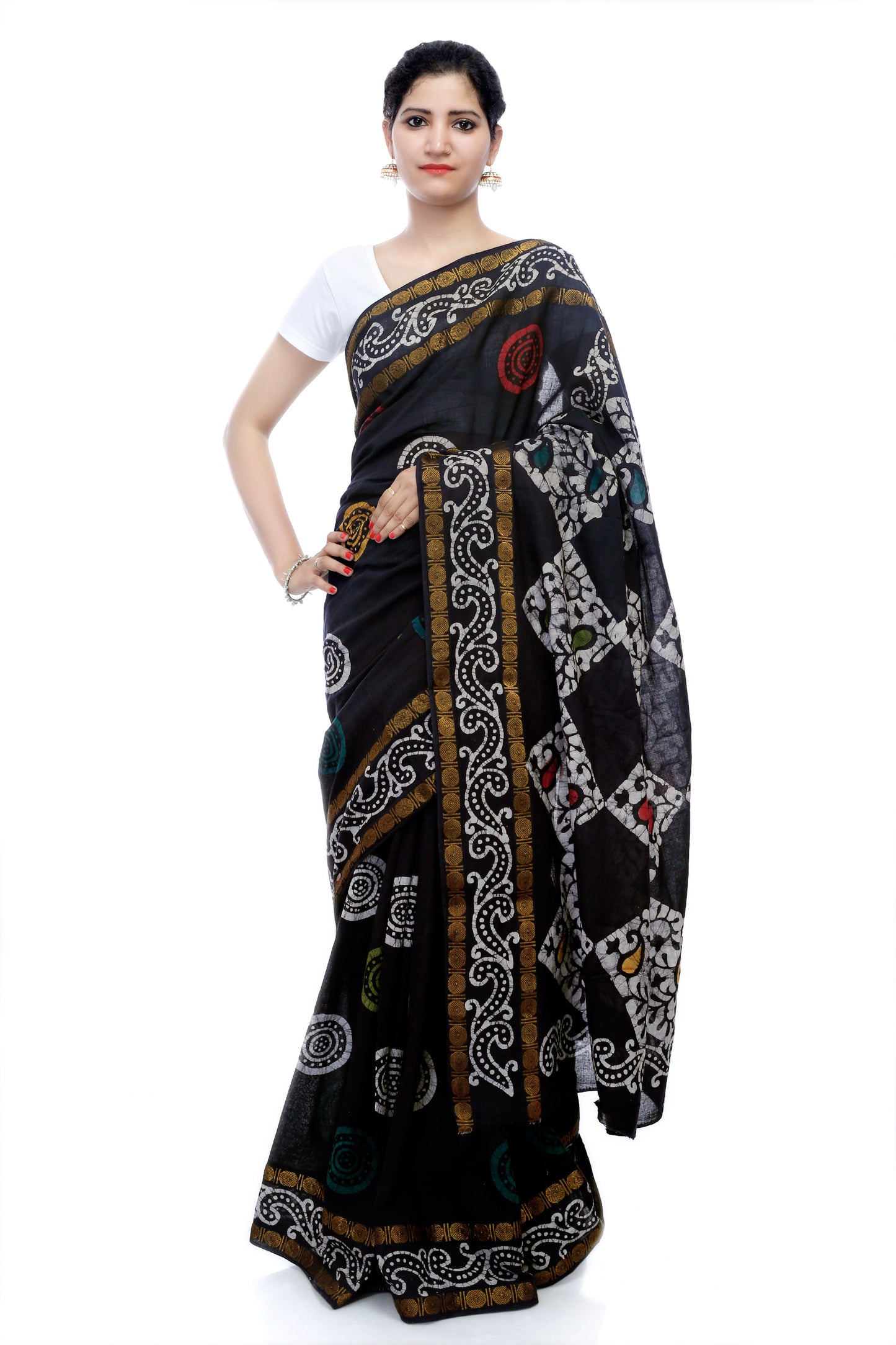 Pittora 'Raven' Mom-Batik Hand Block Print Mul Mul Karpāsa Saree with Zari Border