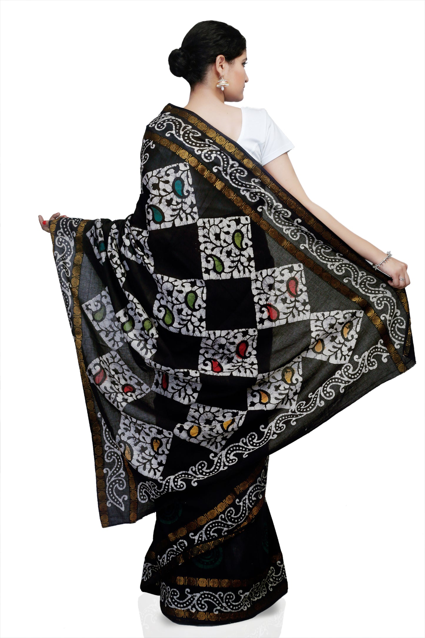 Pittora 'Raven' Mom-Batik Hand Block Print Mul Mul Karpāsa Saree with Zari Border