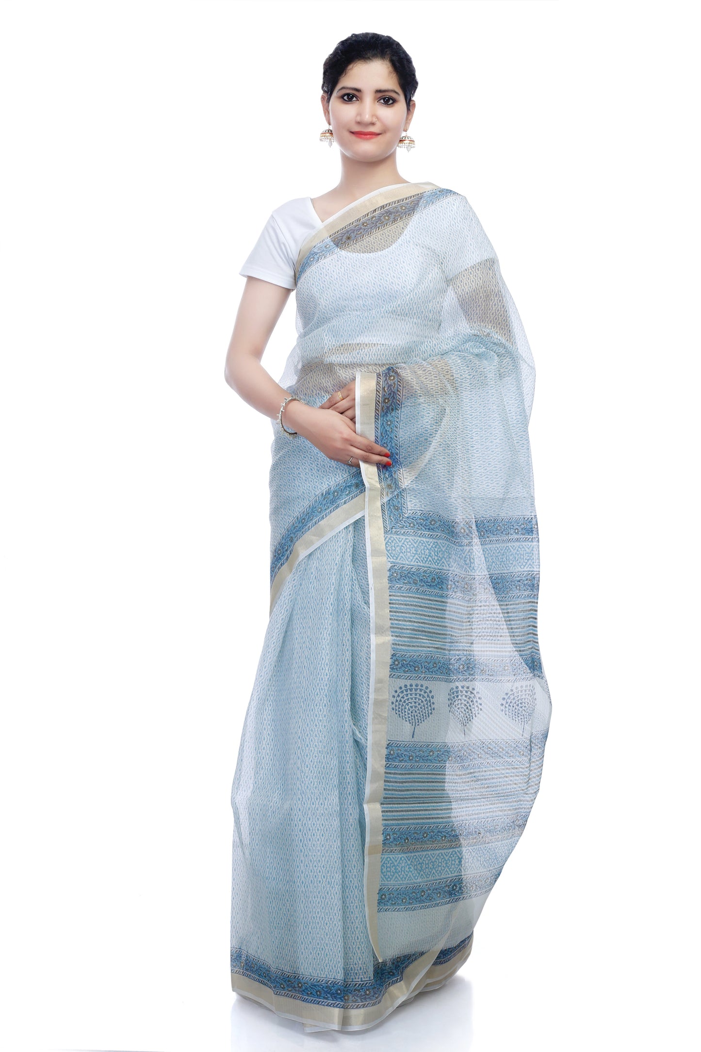 Pittora Checks 'Azure' Kota Silk Hand-Block Print Karpāsa Saree