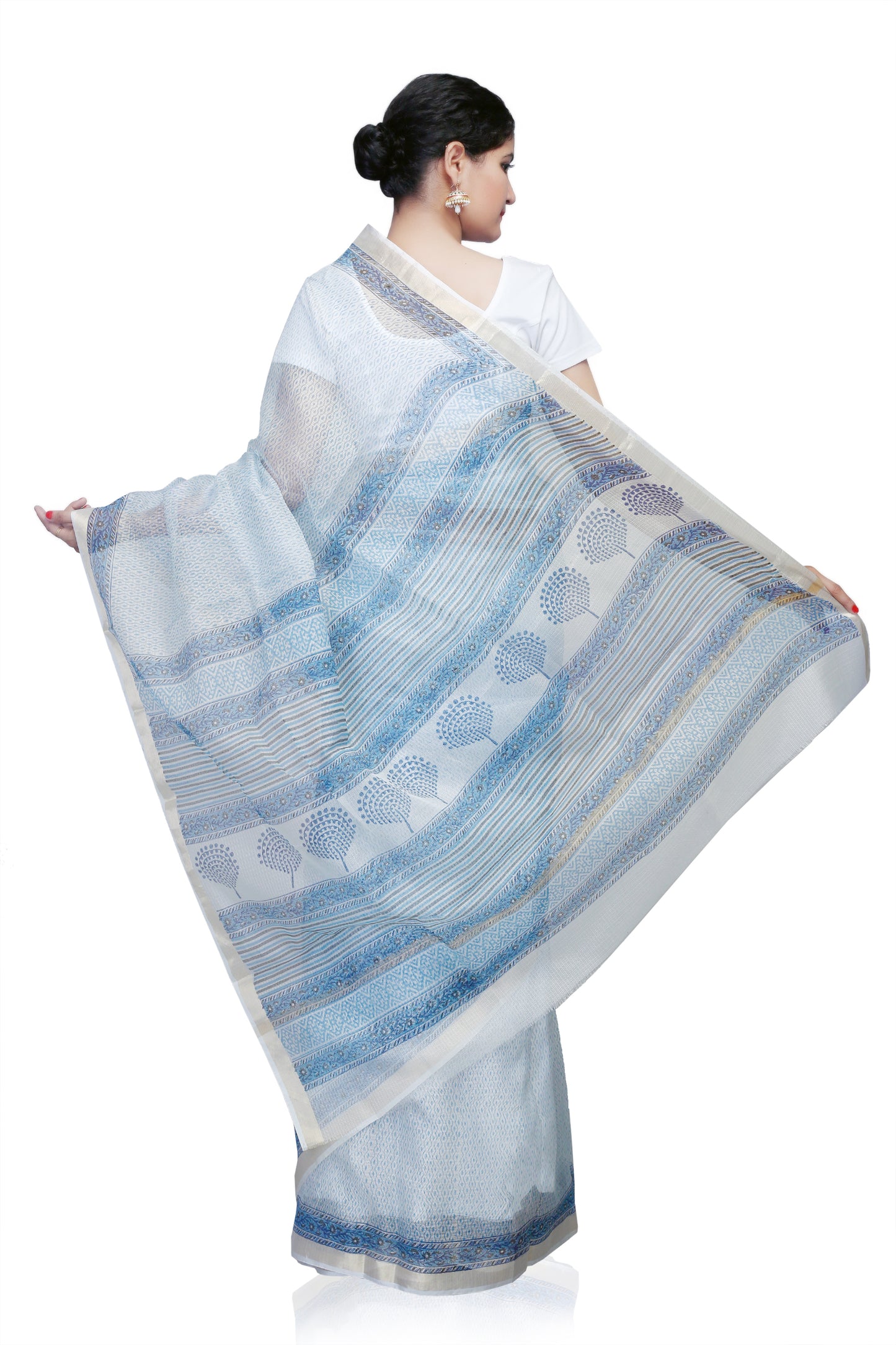 Pittora Checks 'Azure' Kota Silk Hand-Block Print Karpāsa Saree