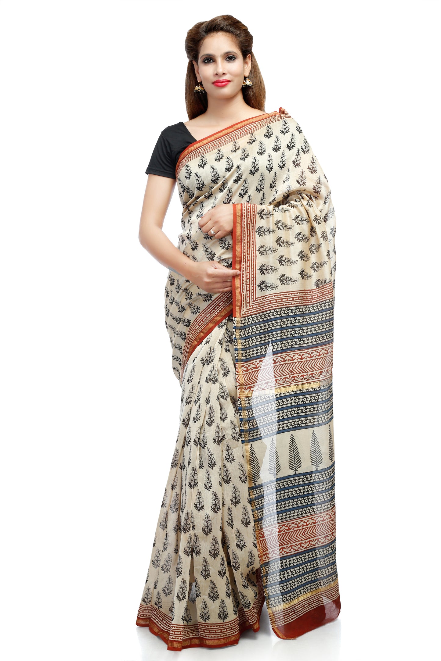 Pittora 'Cloud' Sanganeri Beige Hand-Block Print Chanderi Silk Kozāja Saree with Zari Border