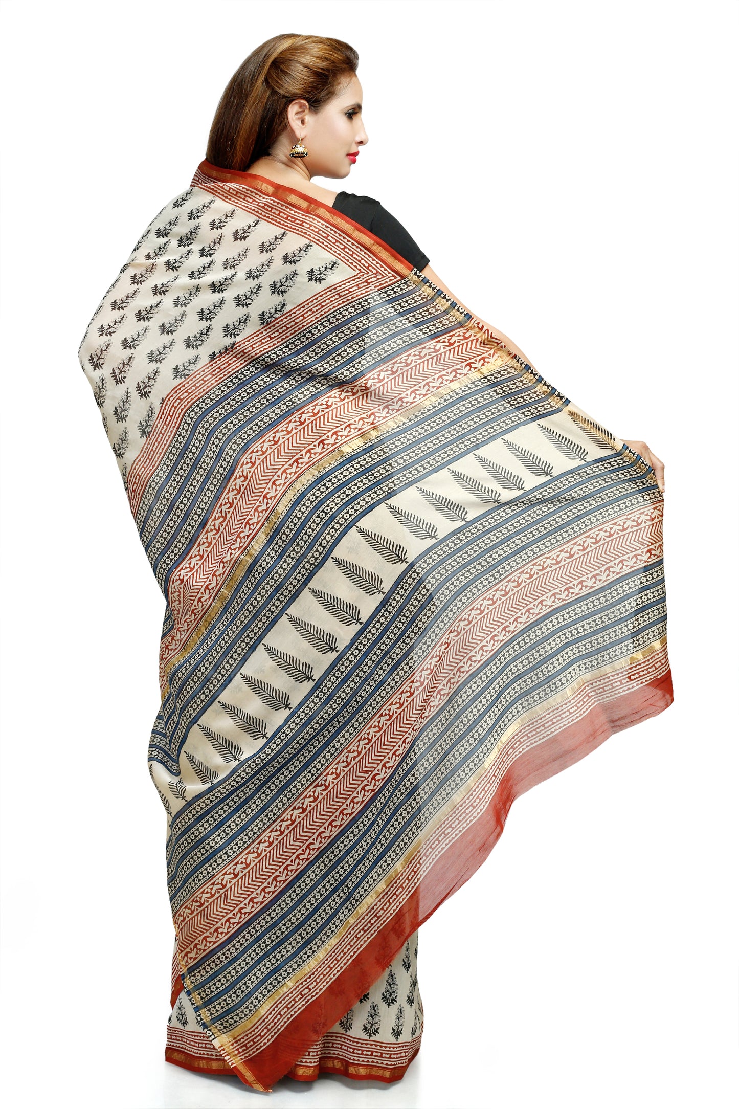 Pittora 'Cloud' Sanganeri Beige Hand-Block Print Chanderi Silk Kozāja Saree with Zari Border