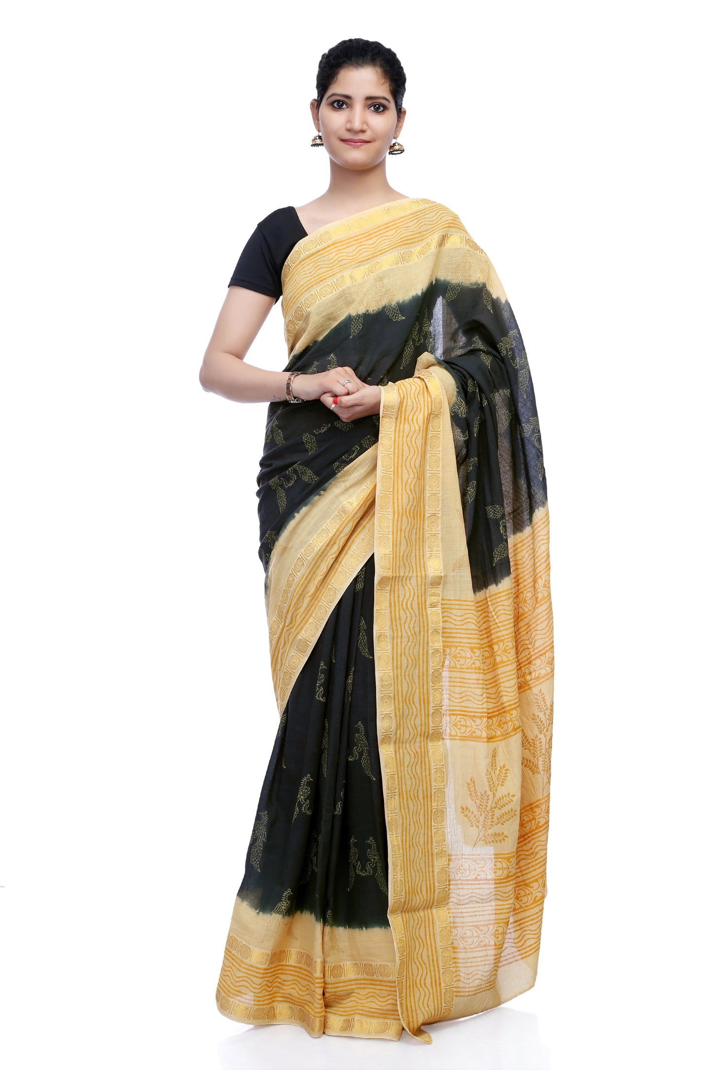 Pittora 'Daffodil' Sanganeri Hand-Block Print and Tie-Dye Fusion Mul Mul Karpāsa Saree with Zari Border