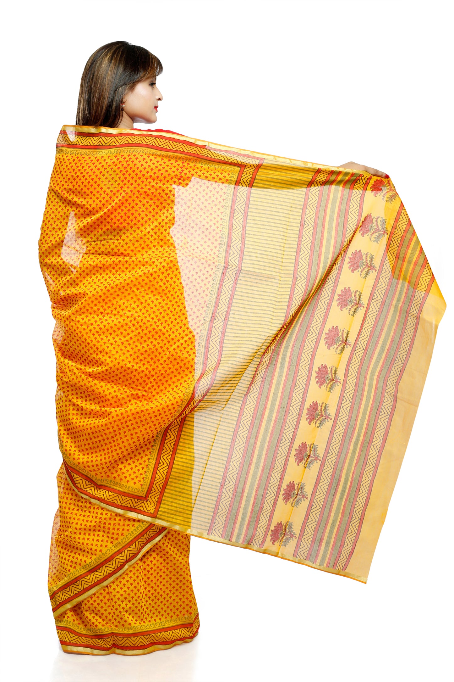 Pittora 'Tuscan Sun' Sanganeri Yellow Hand-Block Print Chanderi Silk Kozāja Saree with Zari Border