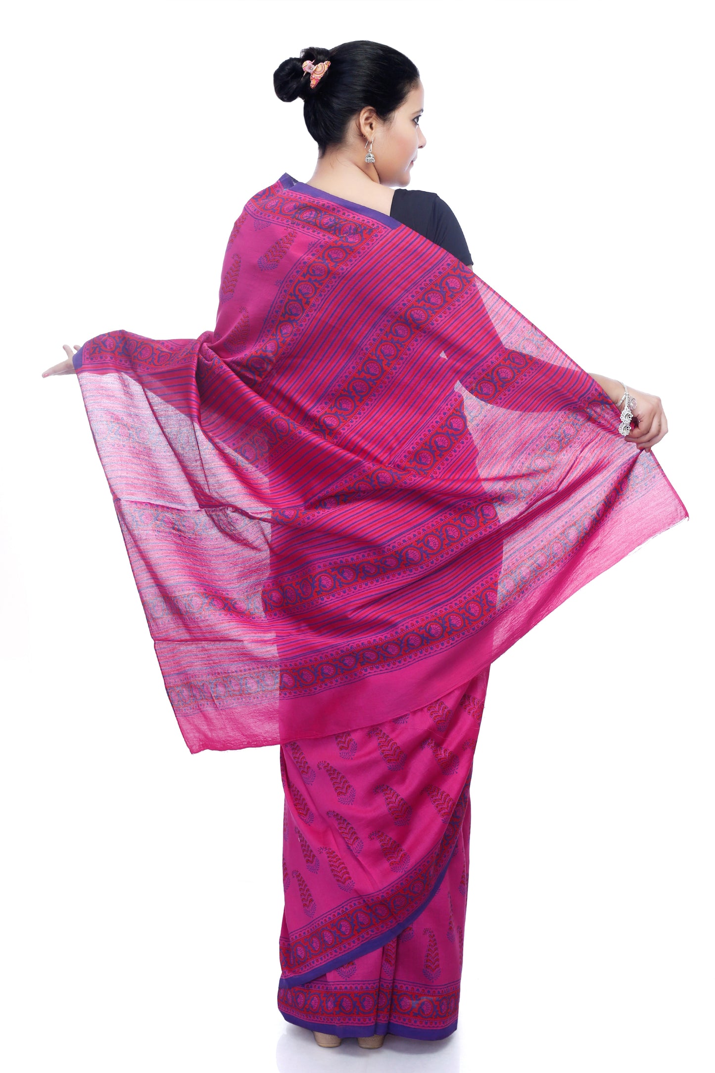 Pittora 'Fuscia' Sanganeri Hand-Block Print Chanderi Handloom Silk Kozāja Saree
