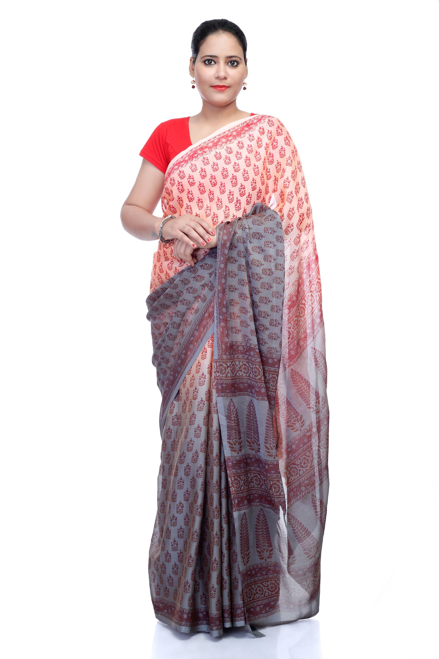 Pittora 'Sangria' Shaded Sanganeri Hand-Block Print Soft Taffen Silk Kozāja Saree