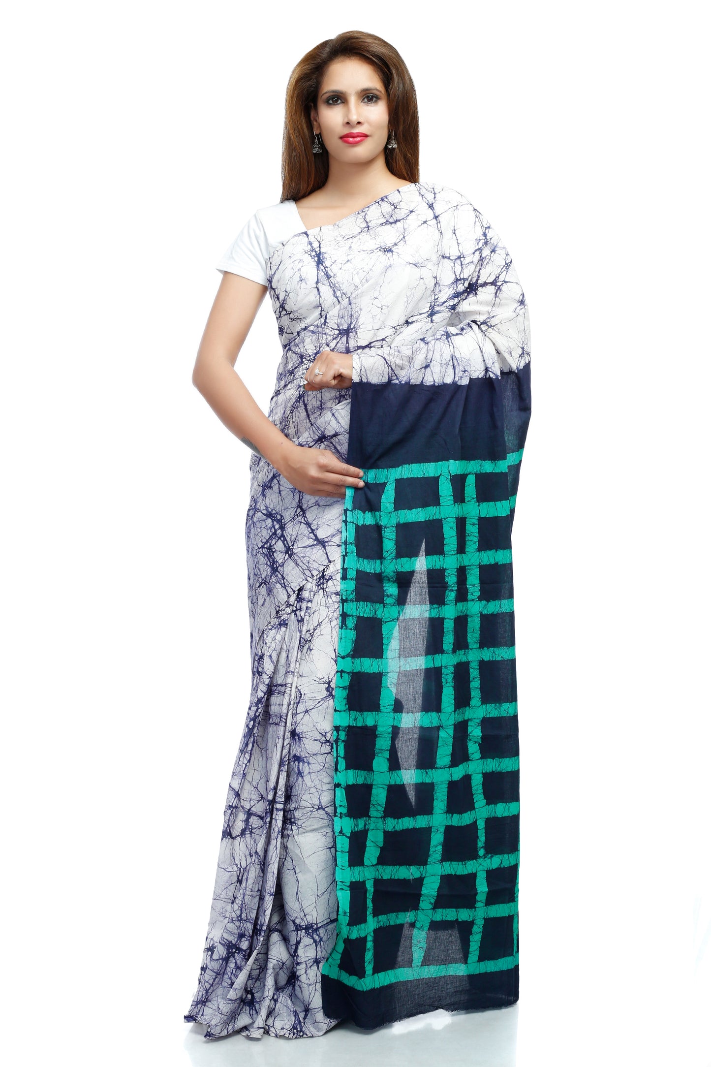Pittora 'Sapphire' Mom-Batik Hand Block Print Mul Mul Karpāsa Saree