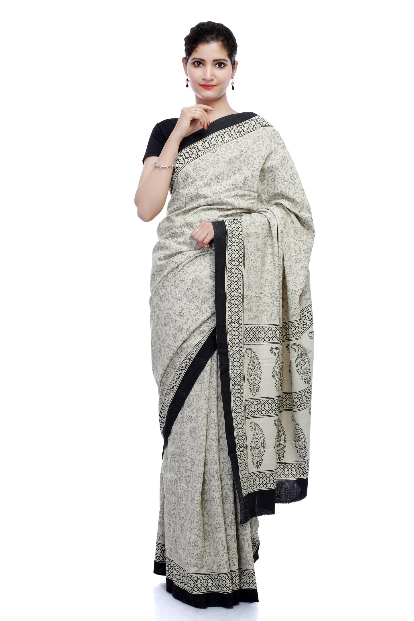 Pittora 'Tan' Sanganeri Hand-Block Print  Denim Saree