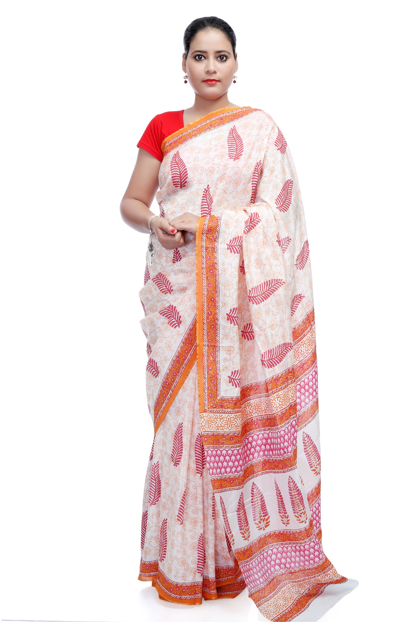 Pittora 'Porcelain' White Sanganeri Hand-Block Print Tussar Georgette Saree