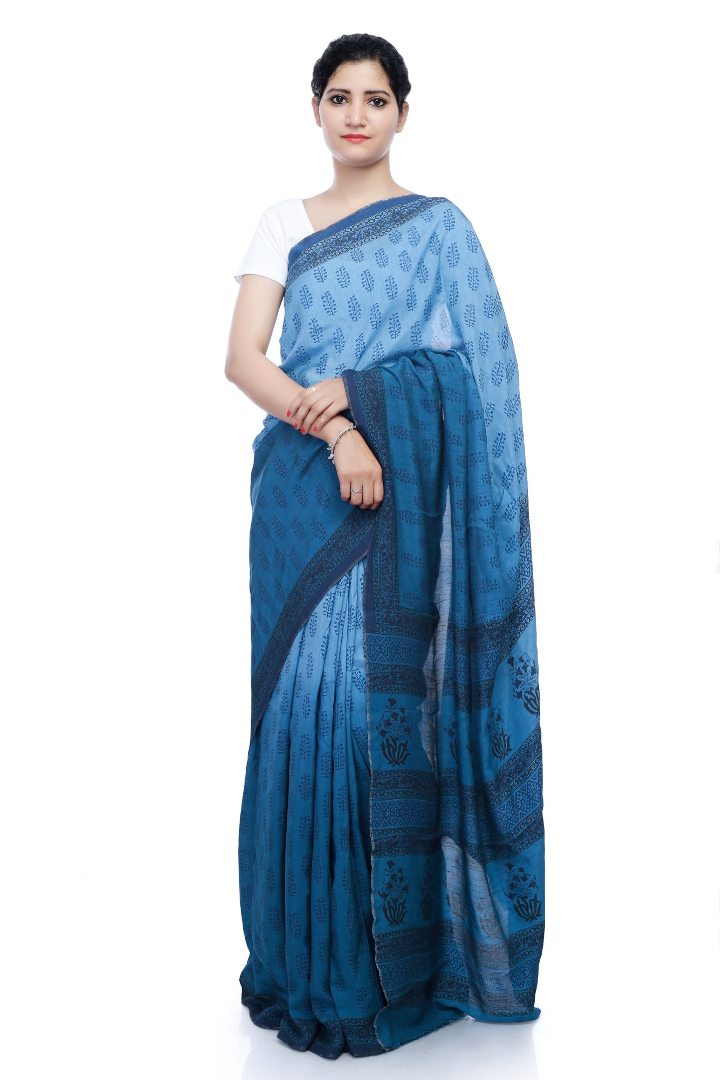 Pittora Dhoop-Chaav 'Cerulean'  Sanganeri Hand-Block Print  Munga Tussar Georgette Saree