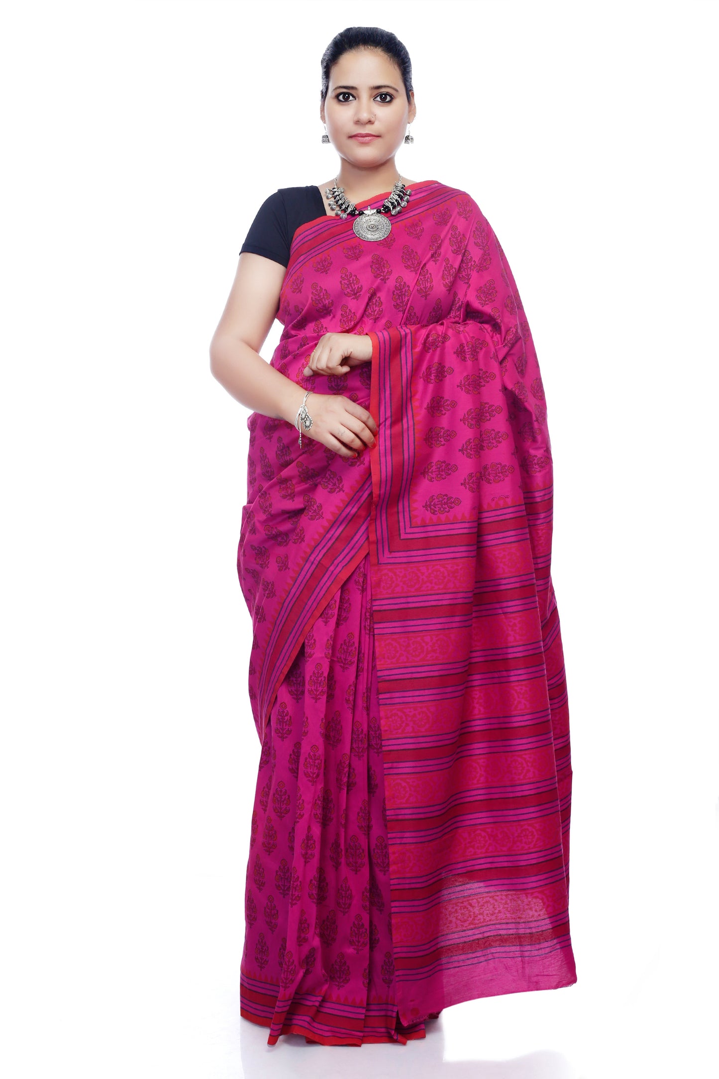 Pittora 'Plum' Sanganeri Hand Block Print Handloom Silk Kozāja Saree