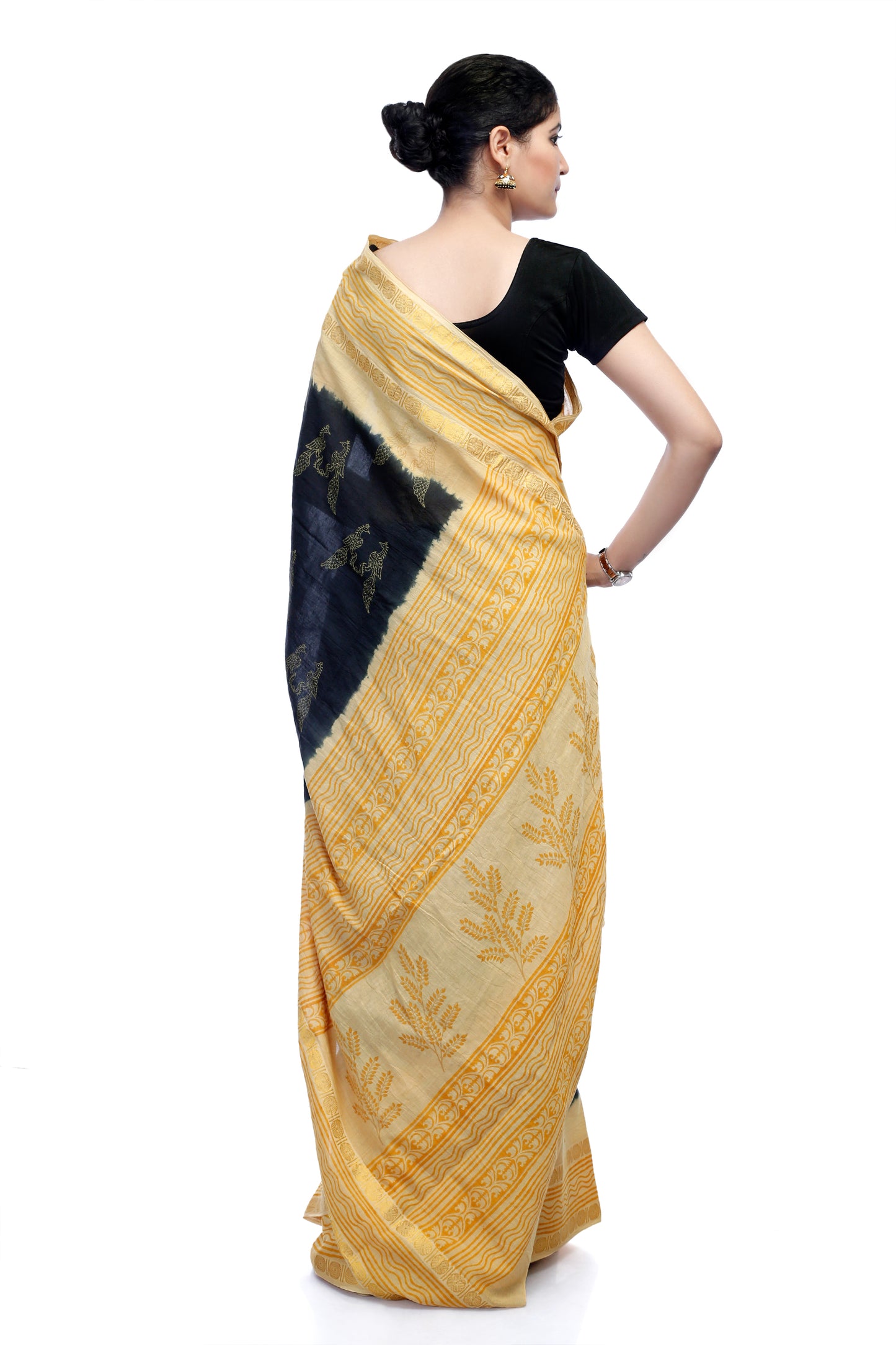 Pittora 'Daffodil' Sanganeri Hand-Block Print and Tie-Dye Fusion Mul Mul Karpāsa Saree with Zari Border